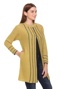 CLAPTON Women Round Neck Yellow Full Sleeve With Pocket Wool Cardigan (Outer Long) - L, Yellow, Wool, Pack of1